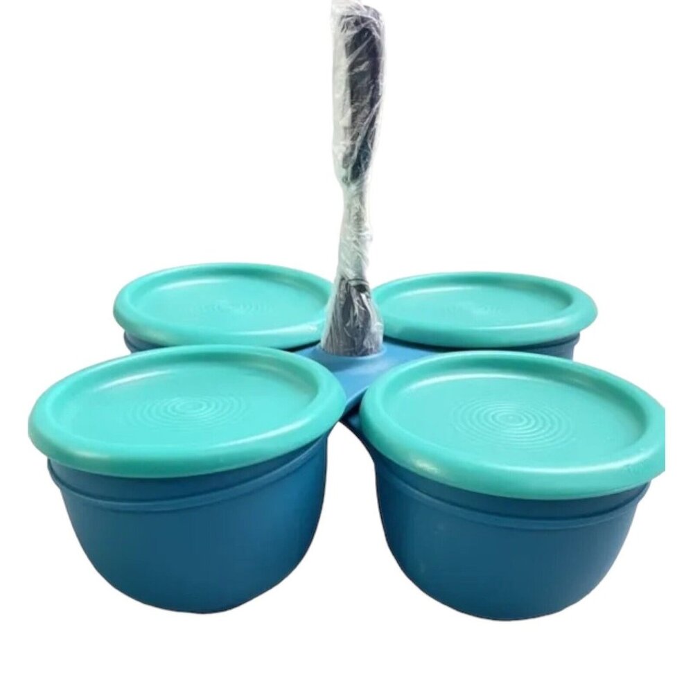 Tupperware Essentials Condiment Server 4 piece Set Shades Of Teal and Blue NEW